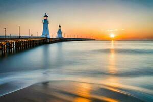 un faro soportes en el apuntalar de el Oceano a puesta de sol. generado por ai foto