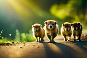 four puppies walking on a road in the sunlight. AI-Generated photo