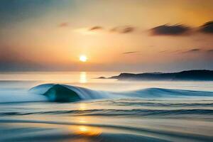 un ola rompe en el playa a puesta de sol. generado por ai foto