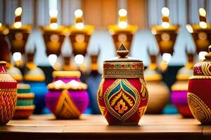 many colorful vases are lined up on a table. AI-Generated photo
