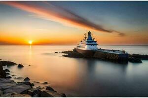 un tirón barco se sienta en el agua a puesta de sol. generado por ai foto