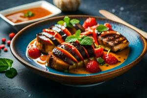 grilled cheese with tomato sauce and basil on a dark background. AI-Generated photo