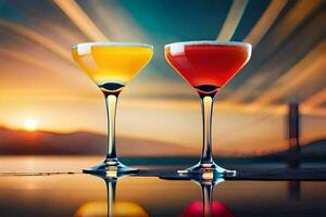 two cocktails sit on a table with a sunset in the background. AI-Generated photo