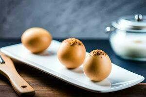 three eggs on a white plate with a fork. AI-Generated photo