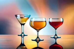 three glasses of wine on a table with a colorful background. AI-Generated photo