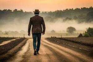 un hombre en un sombrero y traje caminando abajo un suciedad la carretera. generado por ai foto