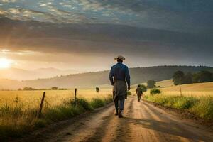 un hombre caminando abajo un suciedad la carretera con un caballo. generado por ai foto