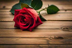 a single red rose laying on a wooden table. AI-Generated photo