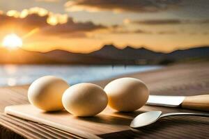 eggs on a cutting board with a sunset in the background. AI-Generated photo