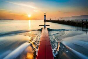 a boat with a red light at the end of it. AI-Generated photo