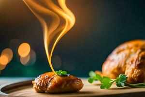 a piece of chicken is being cooked on a wooden cutting board. AI-Generated photo