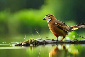 un pájaro en pie en un Iniciar sesión en el agua. generado por ai foto