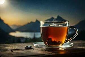 a cup of tea on a wooden table in front of a mountain view. AI-Generated photo