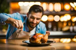 un hombre es participación un pollo en un lámina. generado por ai foto