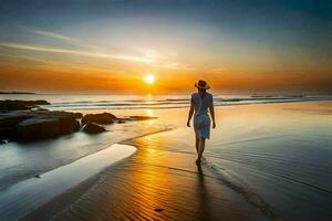 un mujer caminando en el playa a puesta de sol. generado por ai foto