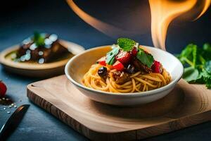 spaghetti with tomatoes and herbs on a wooden cutting board. AI-Generated photo