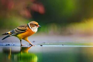 a bird standing on the water with its reflection. AI-Generated photo