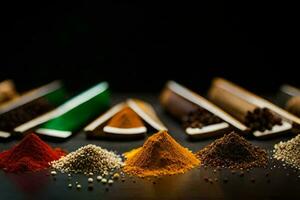 various spices and spices on a black background. AI-Generated photo