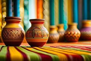 colorful vases on a colorful striped tablecloth. AI-Generated photo