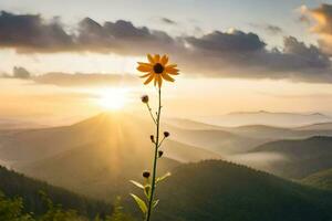 a single yellow flower stands in the middle of a mountain range at sunset. AI-Generated photo