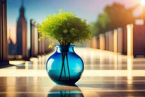 a blue vase with green plants sitting on a sidewalk. AI-Generated photo