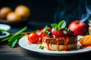 a plate with a cake and strawberries on it. AI-Generated photo