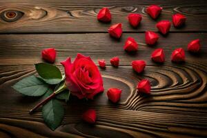 red roses on a wooden table. AI-Generated photo