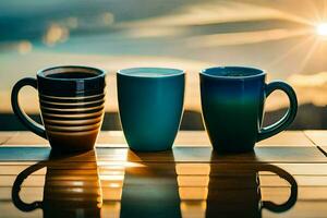 three coffee cups sit on a table with the sun in the background. AI-Generated photo