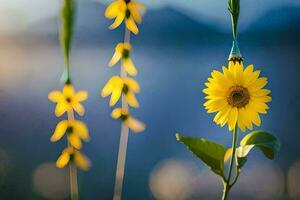 a single yellow sunflower in the middle of a field. AI-Generated photo