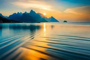 sunset over the mountains, mountains, water, mountains, water, mountains, water, mountains. AI-Generated photo