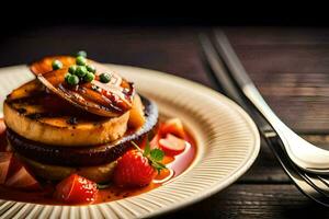 a plate with a stack of food on it. AI-Generated photo