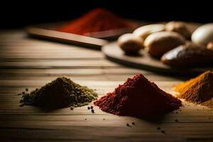 various spices and spices on a wooden table. AI-Generated photo