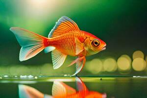 a fish is standing on the water with its reflection. AI-Generated photo