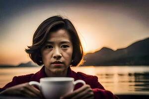 a woman holding a cup of coffee at sunset. AI-Generated photo