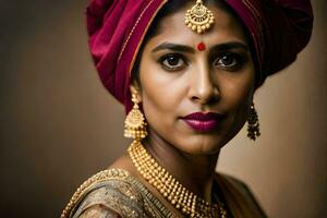 a beautiful indian woman wearing a red turban and gold jewelry. AI-Generated photo