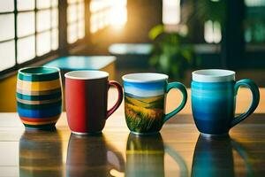five colorful mugs lined up on a table. AI-Generated photo
