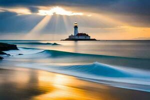 un faro es visto en el distancia con olas estrellarse dentro el costa. generado por ai foto