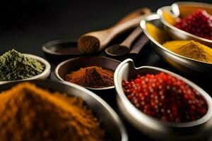 spices in bowls on a black background. AI-Generated photo