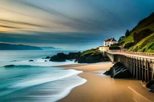 a long exposure photo of a lighthouse on the beach. AI-Generated