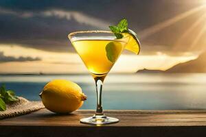 a cocktail with lemon and mint on a table in front of the ocean. AI-Generated photo