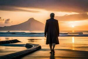 un hombre en un Saco camina a lo largo el playa a puesta de sol. generado por ai foto