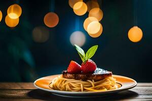 a plate of spaghetti with a strawberry garnish on a wooden table. AI-Generated photo