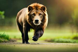 un león caminando en un camino en el luz de sol. generado por ai foto