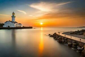 a lighthouse at sunset with a beautiful view. AI-Generated photo