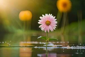 un soltero rosado flor es en pie en el agua. generado por ai foto