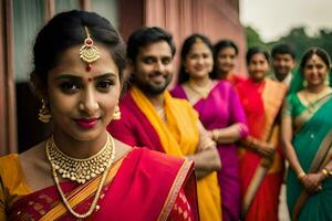 un mujer en un sari poses con su familia. generado por ai foto