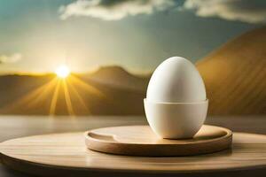 an egg on a wooden tray with the sun in the background. AI-Generated photo