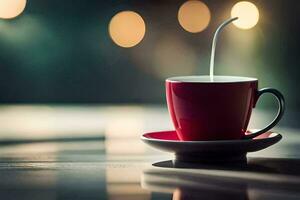 a red cup with a straw in it on a table. AI-Generated photo