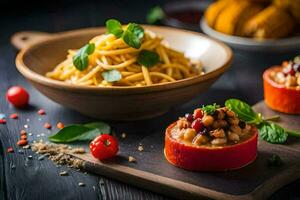 two small stuffed peppers with pasta and vegetables. AI-Generated photo