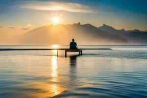 a person sitting on a dock in front of the sun. AI-Generated photo